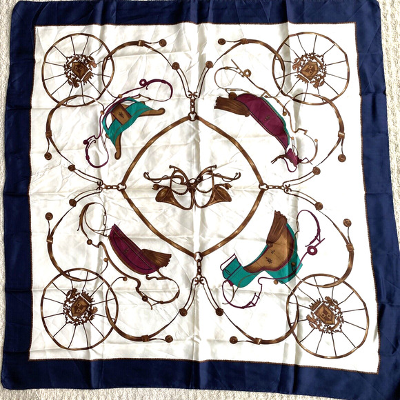 Silky 34" square scarf elegant carriage buggy hunting horn motif navy gold cream - Picture 1 of 6